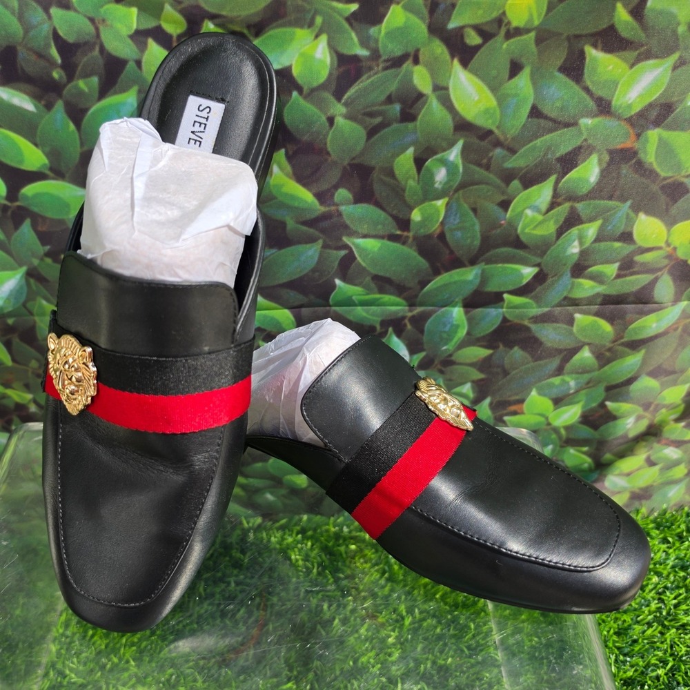 Steve Madden Karisma Black Leather Lion Head Web Mules Loafers KARIO4S1 8M